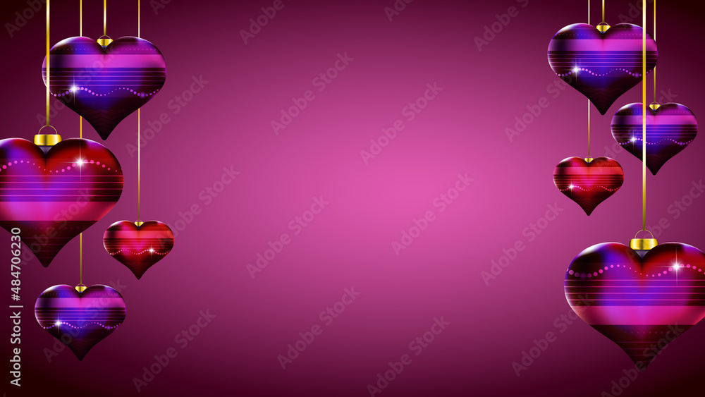 Banner with hanging heart ornaments in shades of purple and red. Space for text.