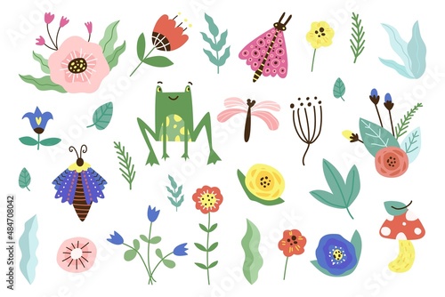 Vector set of cute hand drawn flowers and nature elements