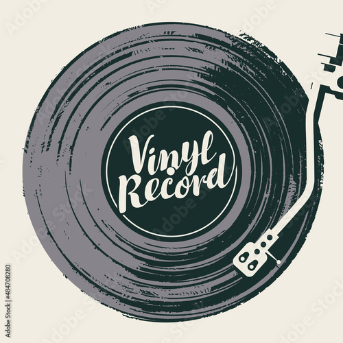 Vector music poster with old vinyl record and record player. Decorative illustration in retro style, suitable for banner, placard, flyer, brochure, cover, card, invitation, label, sticker