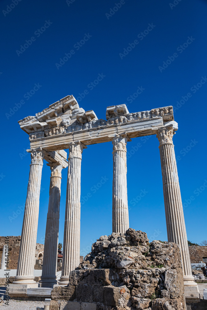 An antique ruined city of columns.Ruin. View of the ancient city in Side, Turkey.