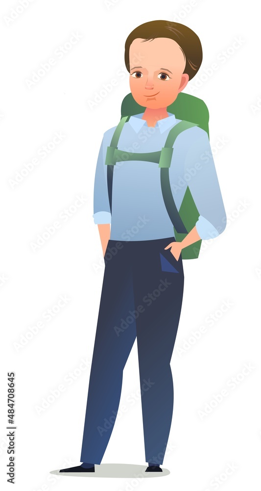 Little boy tourist backpacker. Teen with backpack on his back. Cheerful person. Standing pose. Cartoon comic style flat design. Single character. Illustration isolated on white background. Vector Little boy tourist backpacker. Teen with backpack on his back. Cheerful person. Standing pose. Cartoon comic style flat design. Single character. Illustration isolated on white background. Vector