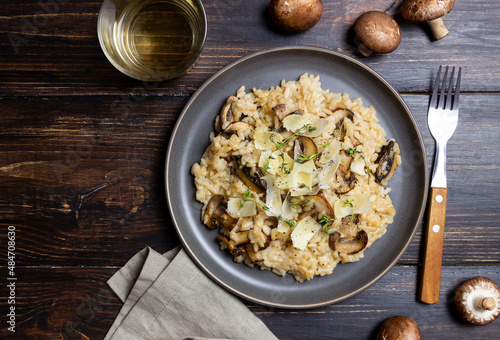 Risotto with mushrooms, cheese and thyme. Vegetarian food. Italian food.