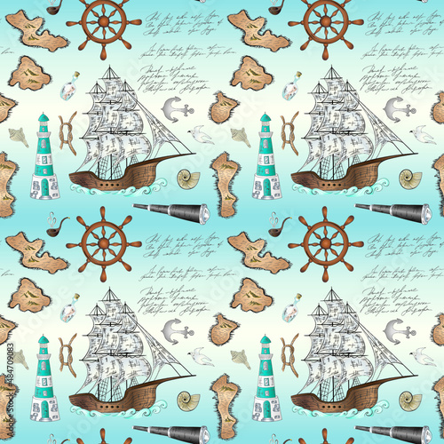 Marine nautical doodle seamless pattern. Cartoon style vector illustration.