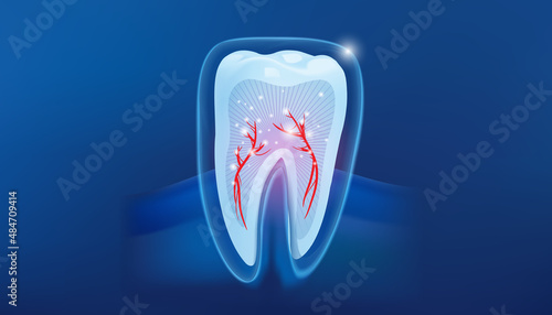 Digital illustration of Healthy tooth abstract treatment concept on blue background .