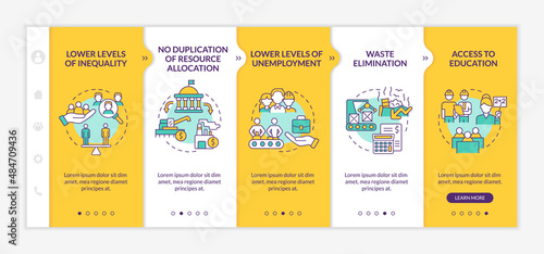 Centrally planned economic system advantages yellow onboarding template. Responsive mobile website with linear concept icons. Web page walkthrough 5 step screens. Lato-Bold, Regular fonts used