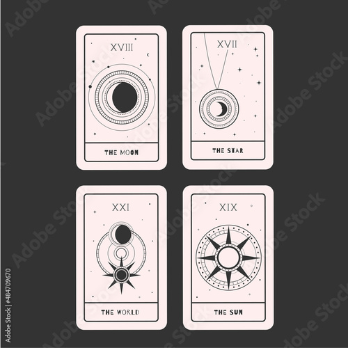 Tarot cards esoteric set sun, moon, world and stars with white background