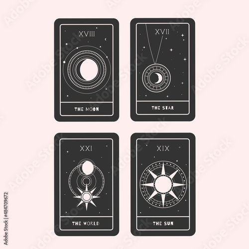 Tarot cards esoteric set sun, moon, world and stars with black background