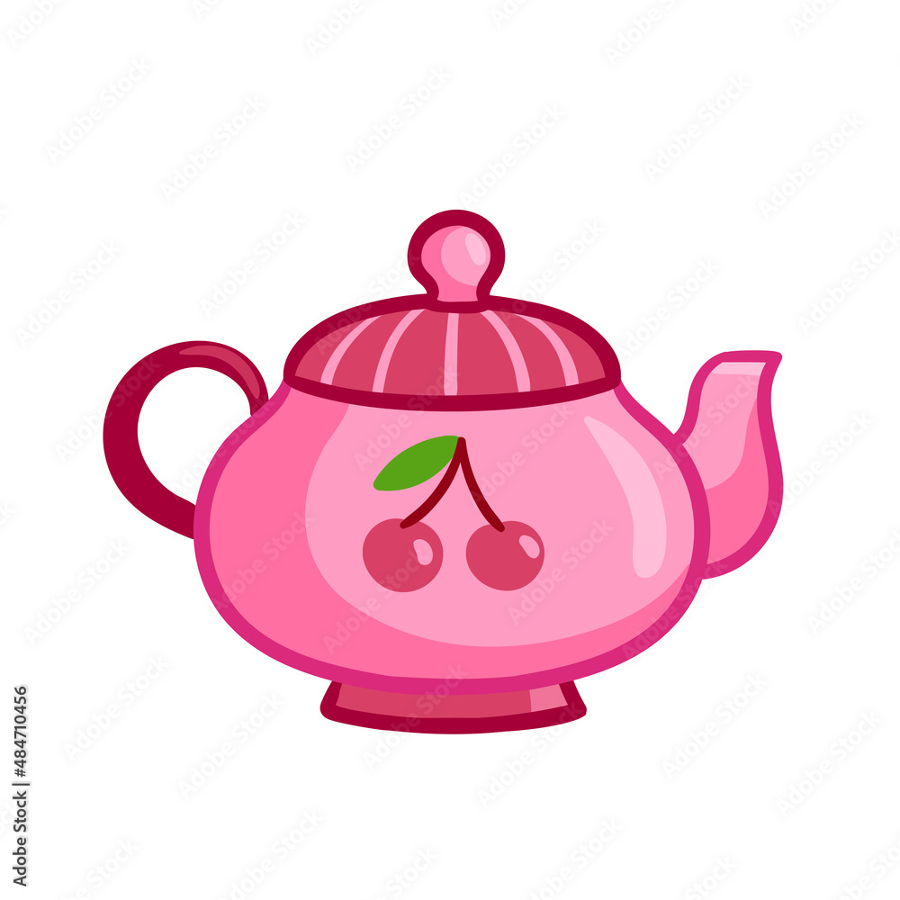 Obraz premium Beautiful teapot in a cartoon style. Vector illustration with pink teapot.