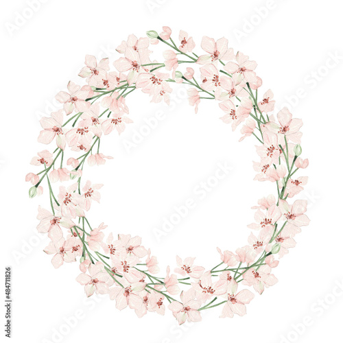 Beautiful watercolor wreath with pink spring flowers and buds. Illustration