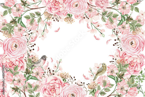 Beautiful watercolor wedding card with pink spring flowers and buds.