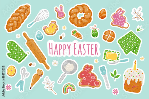Colorful easter pastries stickers,traditional food,colored eggs.Vector flat