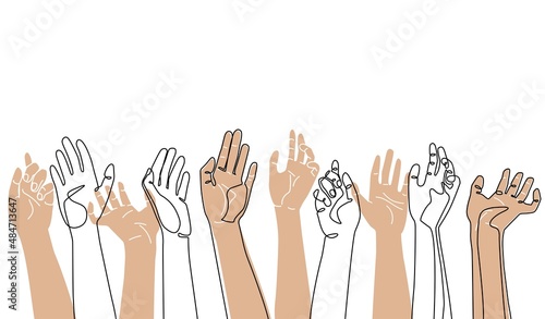 Background with hands swollen up. Set of arms. Continuous drawing style. Vector illustration.
