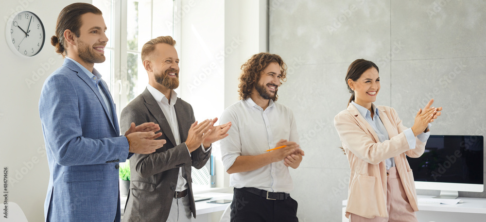 Group of happy smiling business people standing in office and clapping  hands, banner background. Team of positive satisfied employees applauding  to support coworker during presentation in work meeting Stock Photo | Adobe