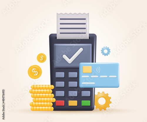 Concept of payment processing. Financial transactions, bank card, terminal for buying process, coins. 3d vector illustration. Plasticine effect. 