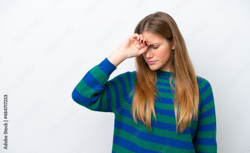 Young caucasian woman isolated on white background with tired and sick expression Young caucasian woman isolated on white background with tired and sick expression