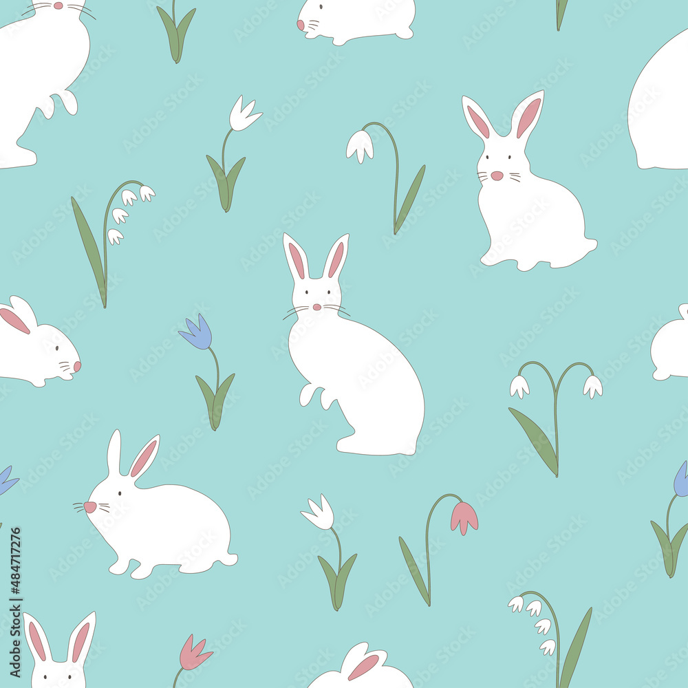 Seamless vecor pattern with white hare or rabbit and flowers on a blue background. Seamless vecor pattern with white hare or rabbit and flowers on a blue background.