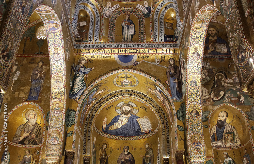 Interior of The Palatine Chapel with its golden mosaics, Palermo, Sicily, Italy in Palazzo dei Normanni in Palermo, Sicily, Italy.