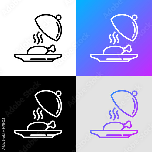 Main dish in restaurant thin line icon. Chicken under cloche. Modern vector illustration.