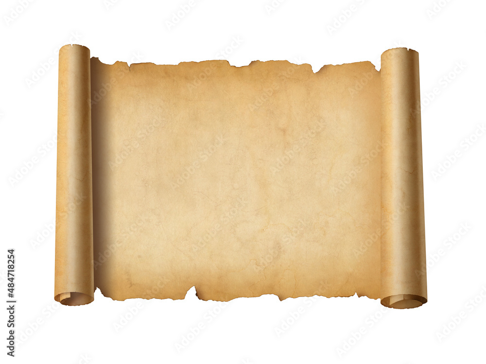 Old mediaeval paper sheet. Horizontal parchment scroll isolated on white