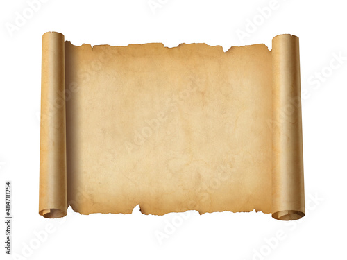 Fototapeta Naklejka Na Ścianę i Meble -  Old mediaeval paper sheet. Horizontal parchment scroll isolated on white