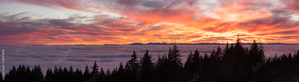 Canadian Nature Panorama View of Evergreen Trees on a mountain above the clouds. Dramatic Winter Sunset. Taken at Cypress Lookout, Vancouver, British Columbia, Canada. Panoramic Background