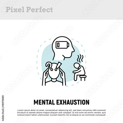 Mental exhaustion concept with thin line icons, working fatigue, frustrated man, low battery. Depression, professional crisis, low activity. Vector illustration.