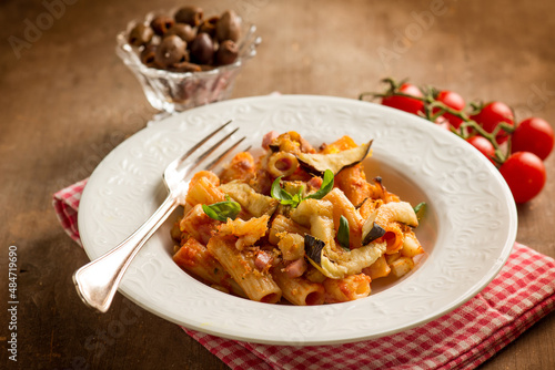 pasta with eggpalnts black olives tomato and basil