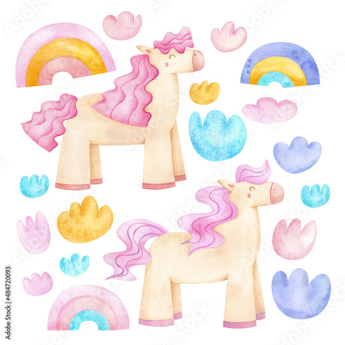 Whatercolor children set with pink watercolor cartoon horse, rainbow and clouds. Baby shower print.