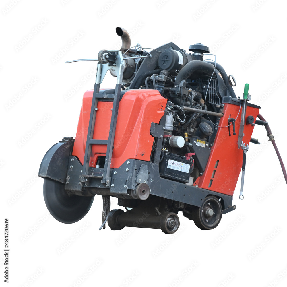 Asphalt saw cutting machine isolated on solid white background