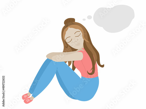 Girl dreams vector illustration. The character of a cute girl who sits hugs her knees and thinks, dreams. Love and contemplation