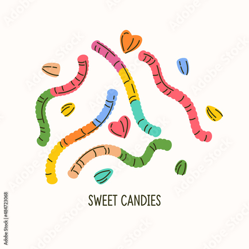 A set of sweet chewable candies. Jelly worms. Marmalades in the form of worms. Flat vector graphics.