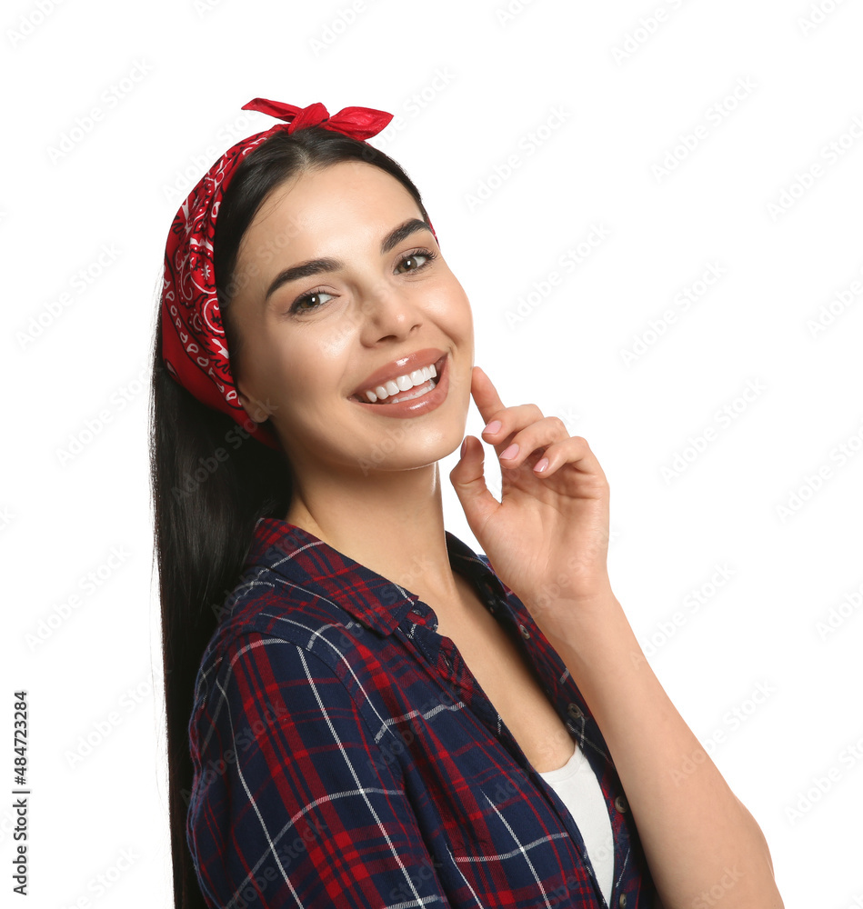 Fashionable young woman in stylish outfit with bandana on white background Fashionable young woman in stylish outfit with bandana on white background