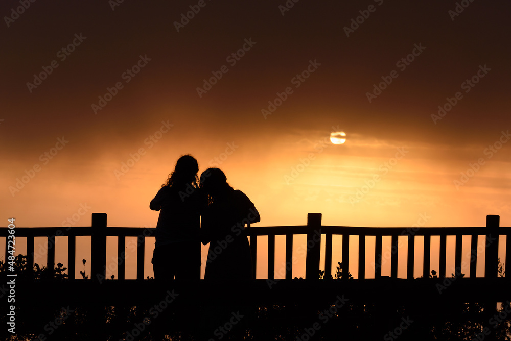 Silhoutte of Two Young Adult Women Standing on Sunset