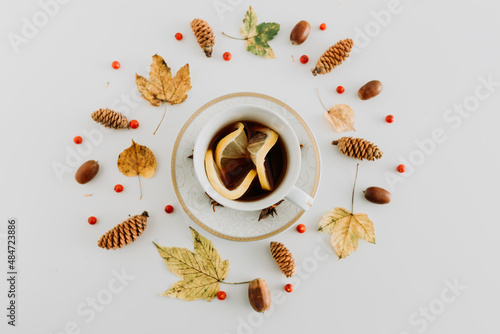 white cup on plate with cones, acorns,  mountain ash, leaves photo