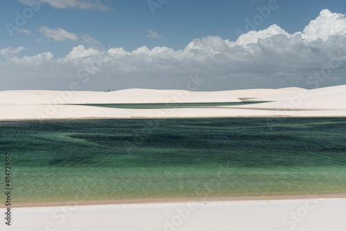 Beautiful view to blue rainwater lagoon on white sand dunes