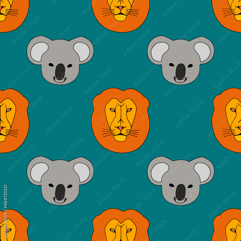Bright seamless illustration with lions and koalas. Vector drawing.