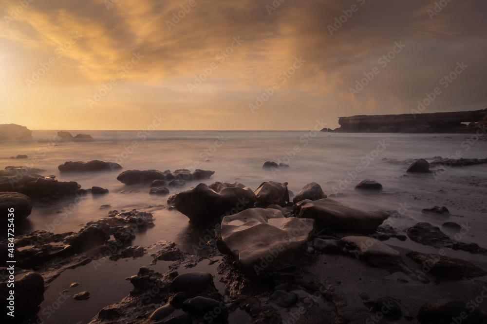 La Pared beach long exposure seascape at sunset. Fuerteventura. Canary Islands