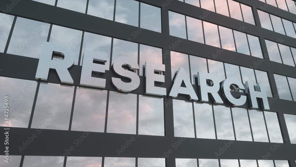 Fototapeta premium Research sign on a modern glass skyscraper. Research glass building. 3d rendering