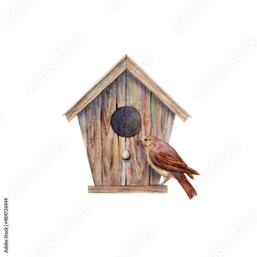Obraz na plátně Watercolor illustration of wooden birdhouse and bird