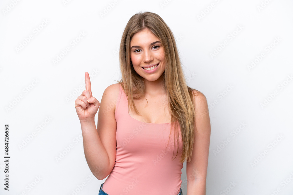 Young caucasian woman isolated on white bakcground pointing up a great idea Young caucasian woman isolated on white bakcground pointing up a great idea