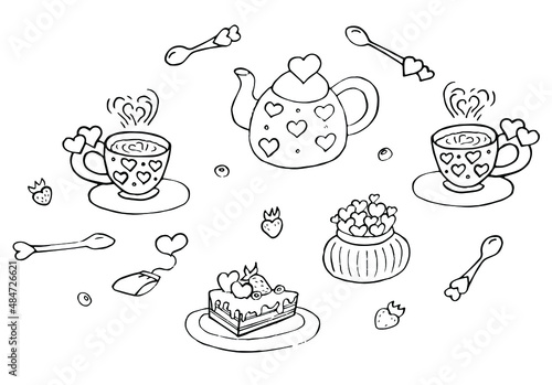 Hand drawn doodle Tea time icon set Vector illustration isolated drink symbols collection for Valentine s day. Cup  tea  tea pot  sugar bowl  tea bag  a piece of cake  teaspoon