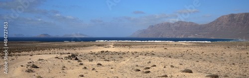  Caleta of Famara on the right and La Graciosa Island in the background on the left  Lanzarote  Spain