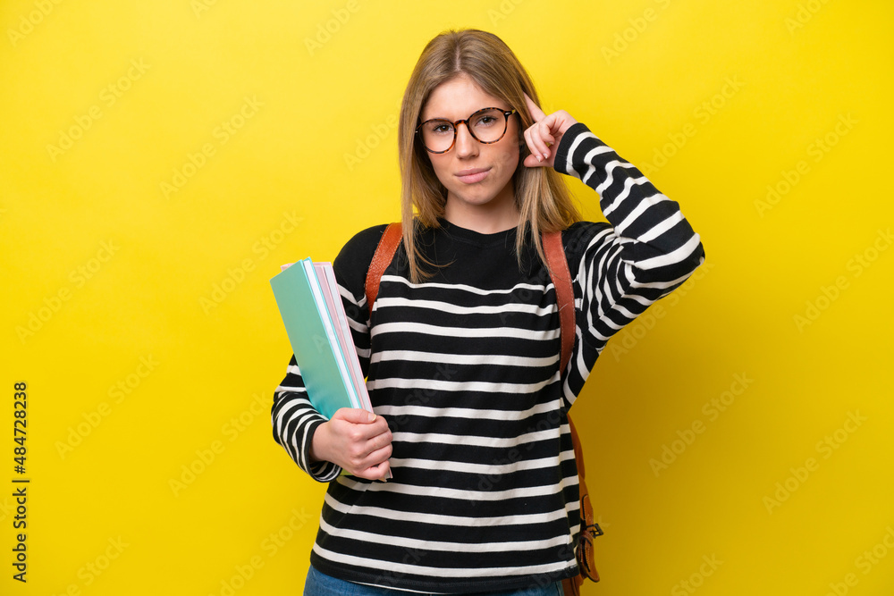 Young student woman isolated on yellow background background having doubts and thinking Young student woman isolated on yellow background background having doubts and thinking