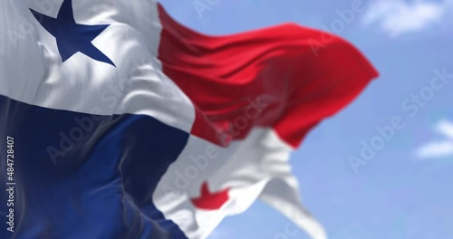 Detail of the national flag of Panama waving in the wind on a clear day