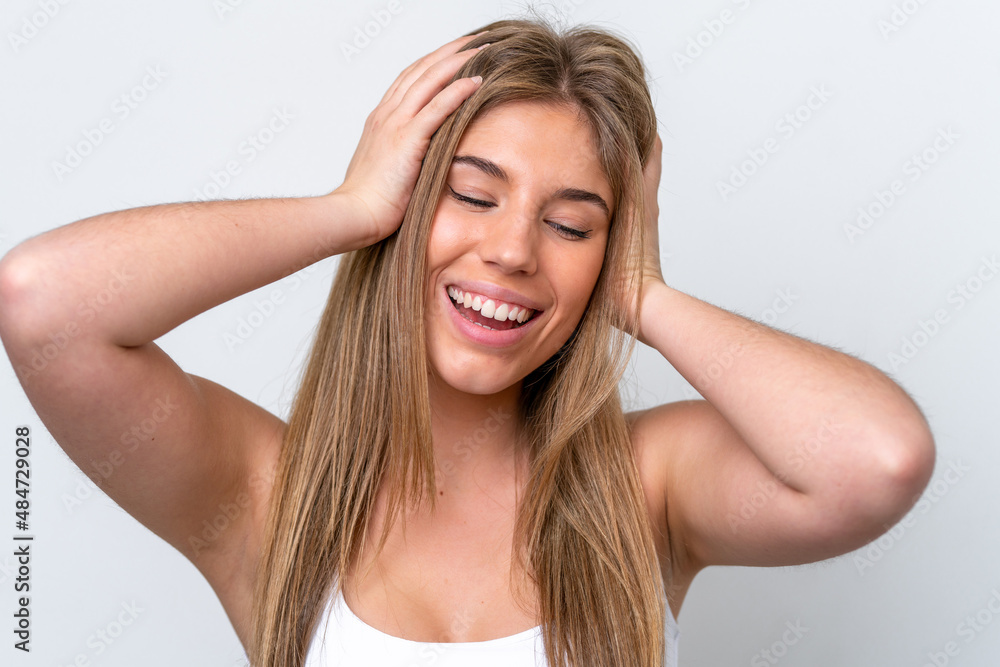 Young caucasian woman isolated on white background touching her hair. Close up portrait