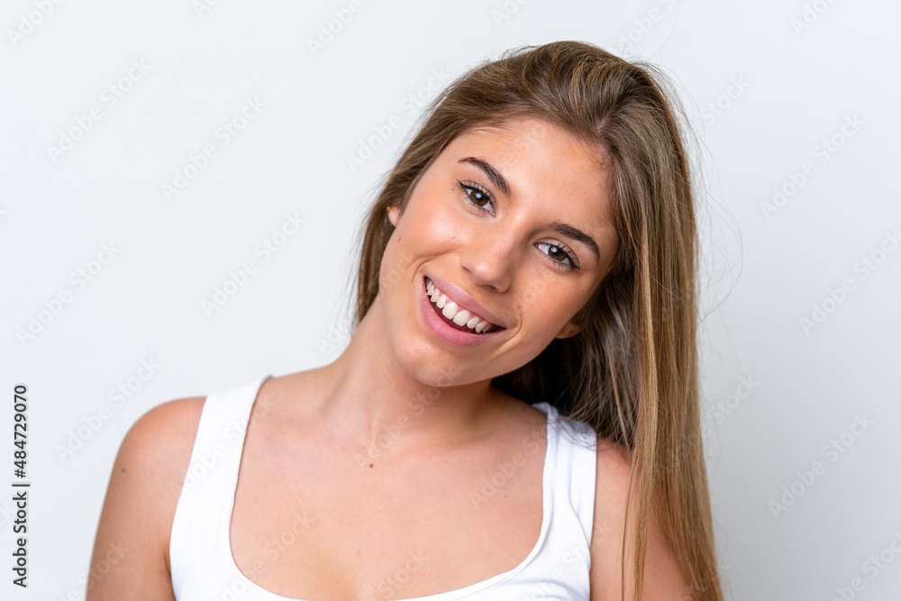Young caucasian woman isolated on white background with happy expression. Close up portrait Young caucasian woman isolated on white background with happy expression. Close up portrait