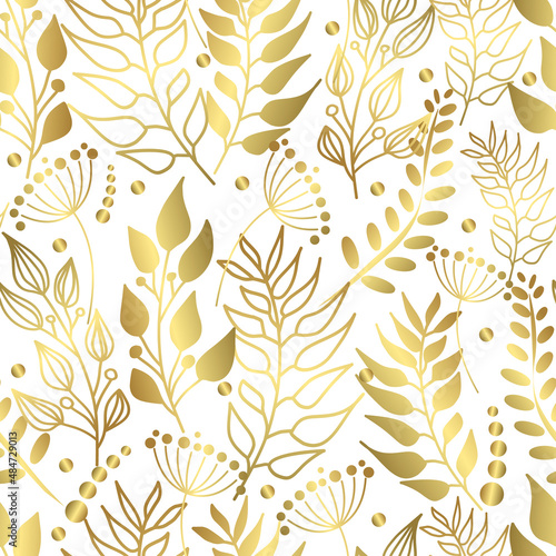 Seamless pattern of golden branches on a white background. Branches with leaves, flowers and dots. Abstract plant art design. Elegant vector print for your design.