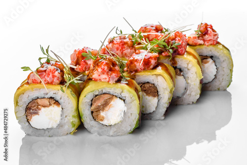 Traditional delicious fresh sushi roll set on a white background