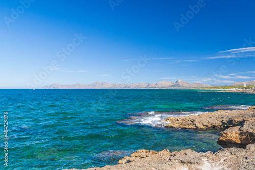 Beautiful view of rocky Mediterranean coastline with turquoise water. Beautiful summer nature backgrounds. Greece.