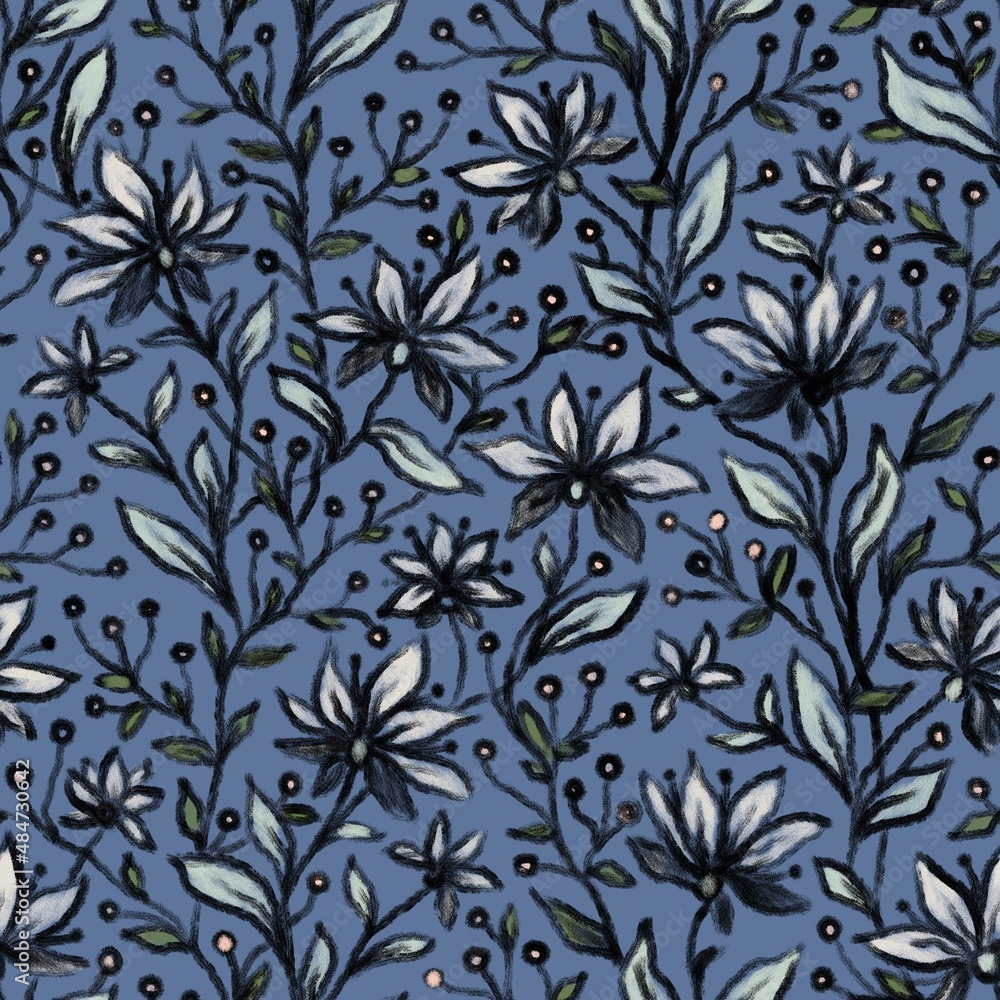 DIGITAL SEAMLESS PATTERN WITH BEIGE PASTEL FLOWERS ON A BLUE BACKGROUND